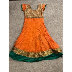 South Asian Kameez Anarkali Maxi Dress Womens L Orange Excellent Embroidered